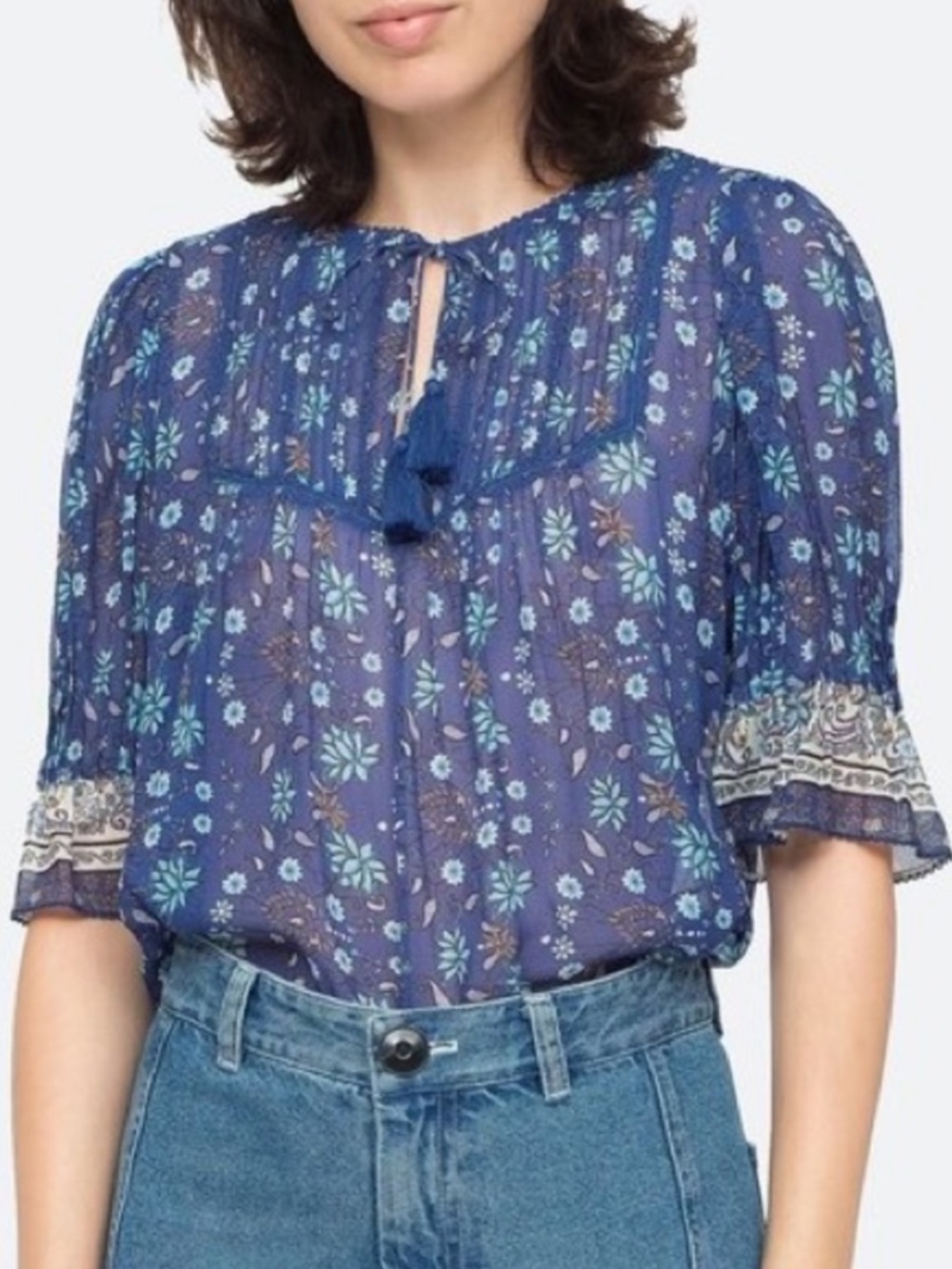 Sea New York Penelope Floral Blouse Blue Tassel Tie Neck Size XS